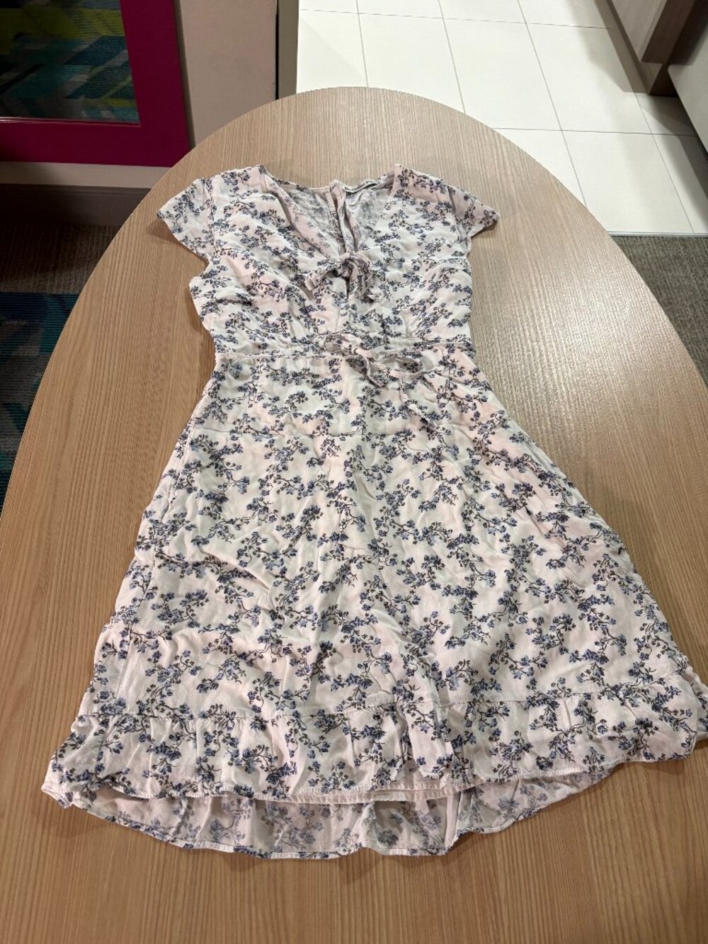 Abercrombie & Fitch Floral Print Dress XST Xtra Small Tall White Blue Lined Boho